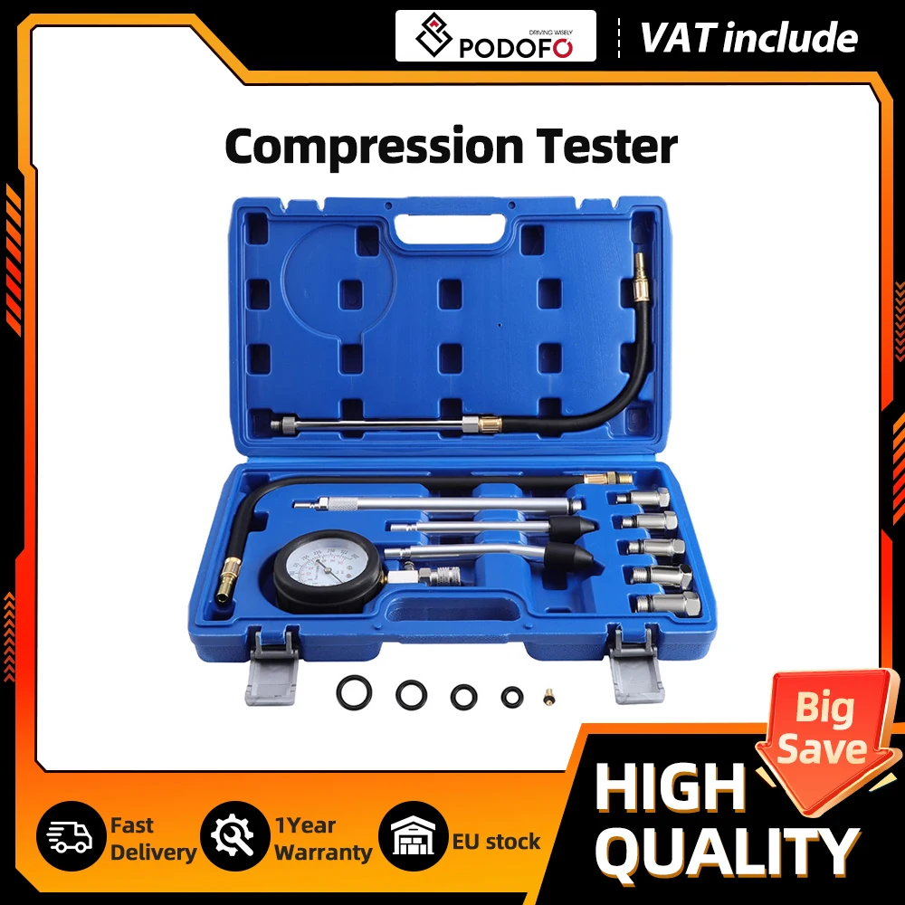 Kit de test de compression des cylindres de moteur à essence Podofo 11 pièces, outil de diagnostic de pression du moteur automobile