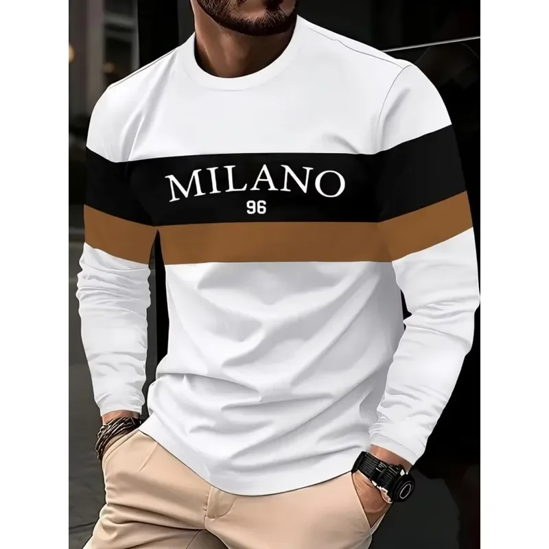 3D Printed Casual Long Sleeve New Men's Autumn Patchwork Striped Creative Print Comfortable Soft Round Neck T-Shirt Outdoor view 3