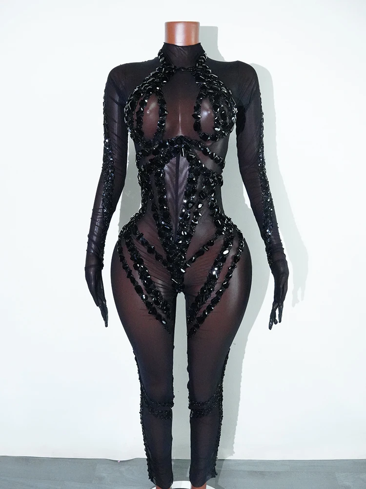 

Sexy mesh transparent black Rhine stone Rhine stone jumpsuit singer dancer performance stage celebration party nightclub costume