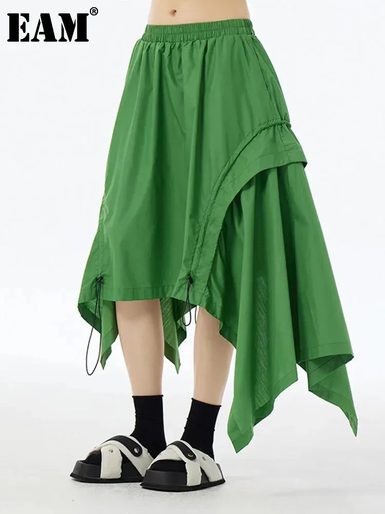 [EAM] High Elastic Waist Green Irregular Hem Drawstring Half-body Skirt Women Fashion Tide New Spring Autumn 2025 1DH6545