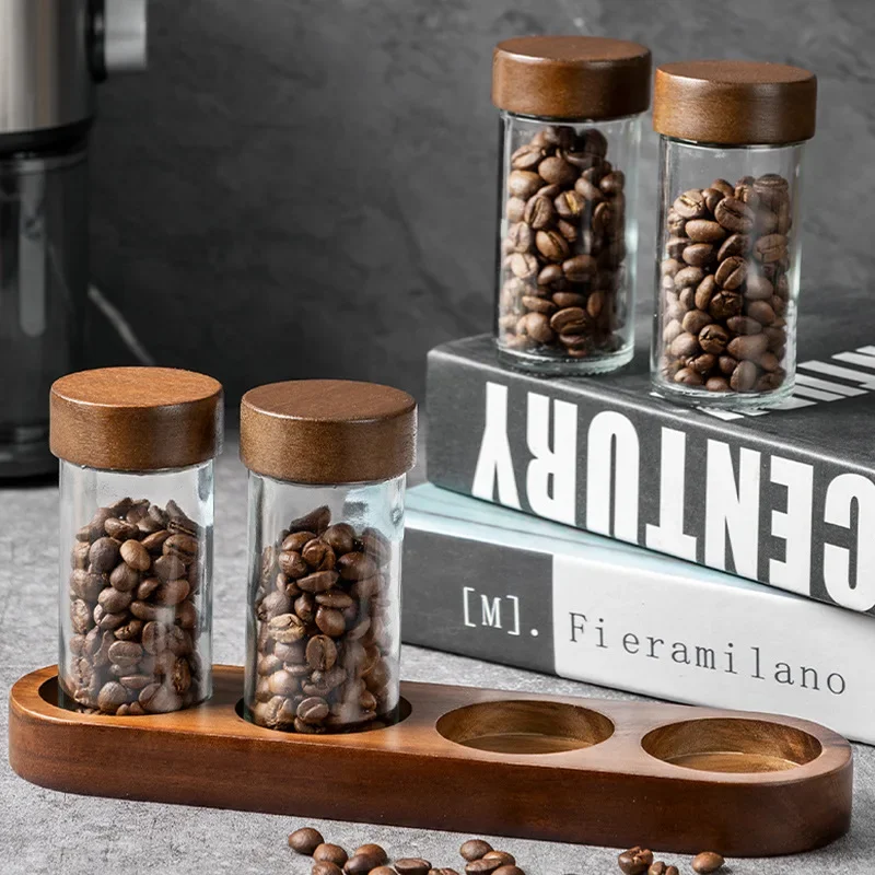 4-piece Set of Clear Glass Storage Jars Candy Airtight Jars with Tray Kitchen Nuts and Coffee Bean Spice Storage Containers New view 3