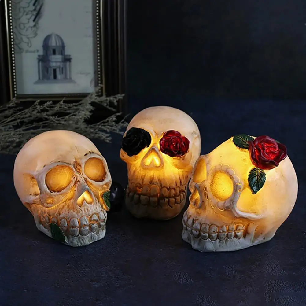 Halloween Skull Decoration Skull Night Light Skull Lamp with Rose Flower Figurine Day of Dead Resin Skeleton Head Statue Spooky