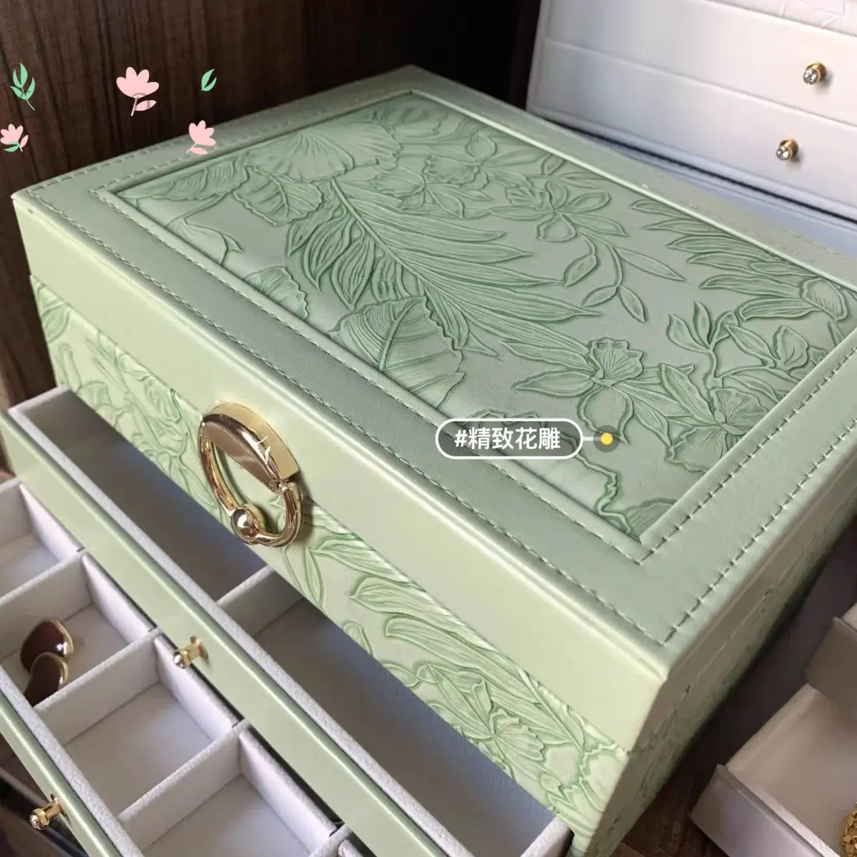 High-end pink and green engraved leather jewelry storage box - gift for friends