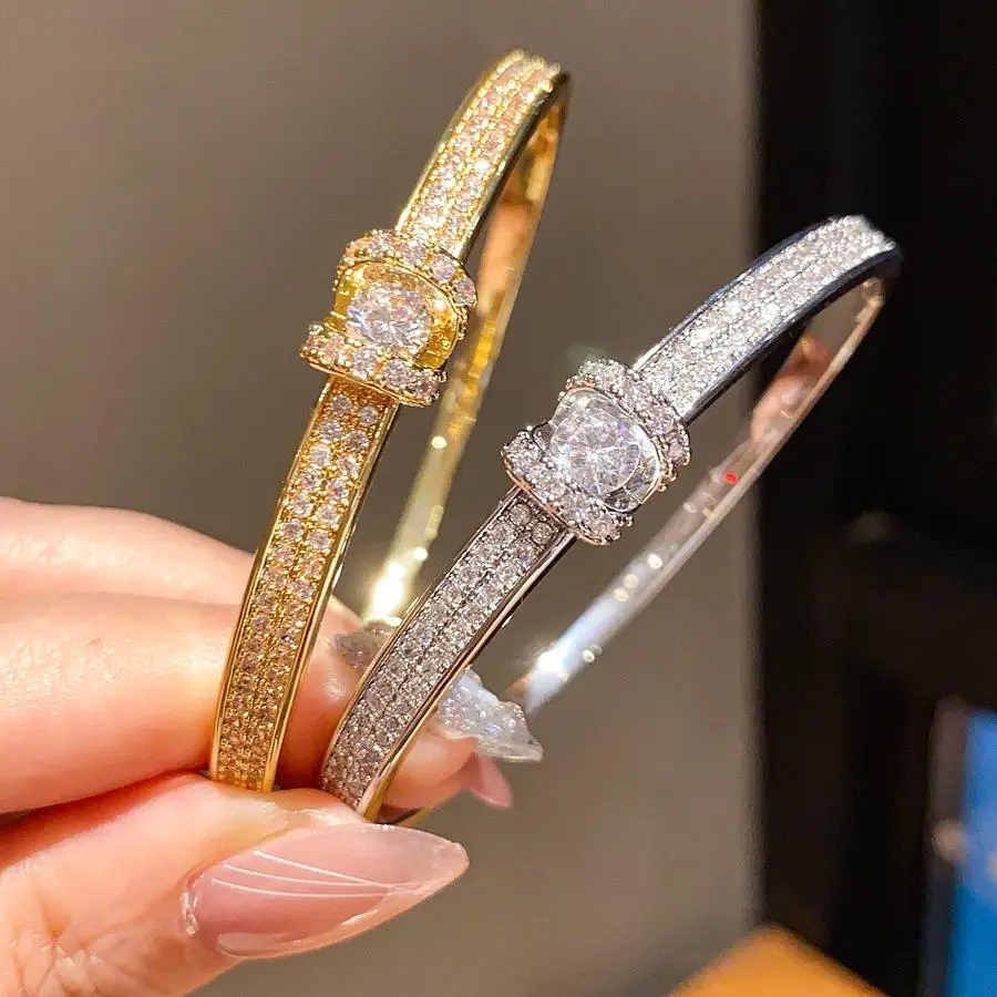 ZAKOL Fashion Geometric Full Paved Cubic Zirconia Bangle For Women Luxury Stackable Wrist Accessories Wedding Party Jewelry Gift