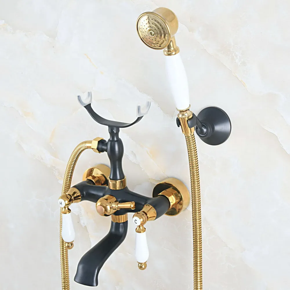 Black Oil Rubbed & Gold Brass 2 Handle Wall Mount Bathroom Bath Tub Faucet Set with 1.5M Hand Held Shower Spray Mixer Tap 2na568