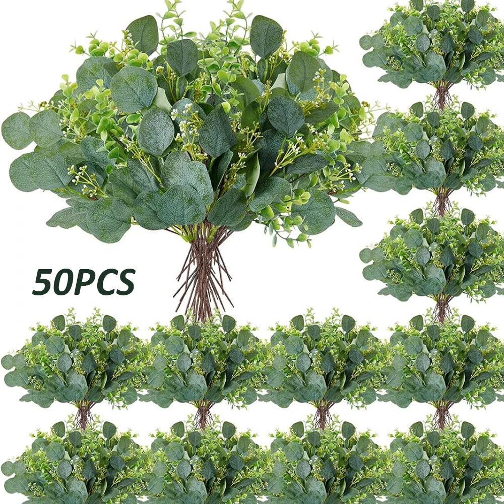 

50 шт., искусственные стебли эвкалипта, искусственные листья эвкалипта, искусственные цветы для свадебного букета, цветочная композиция «сделай сам», украшение дома