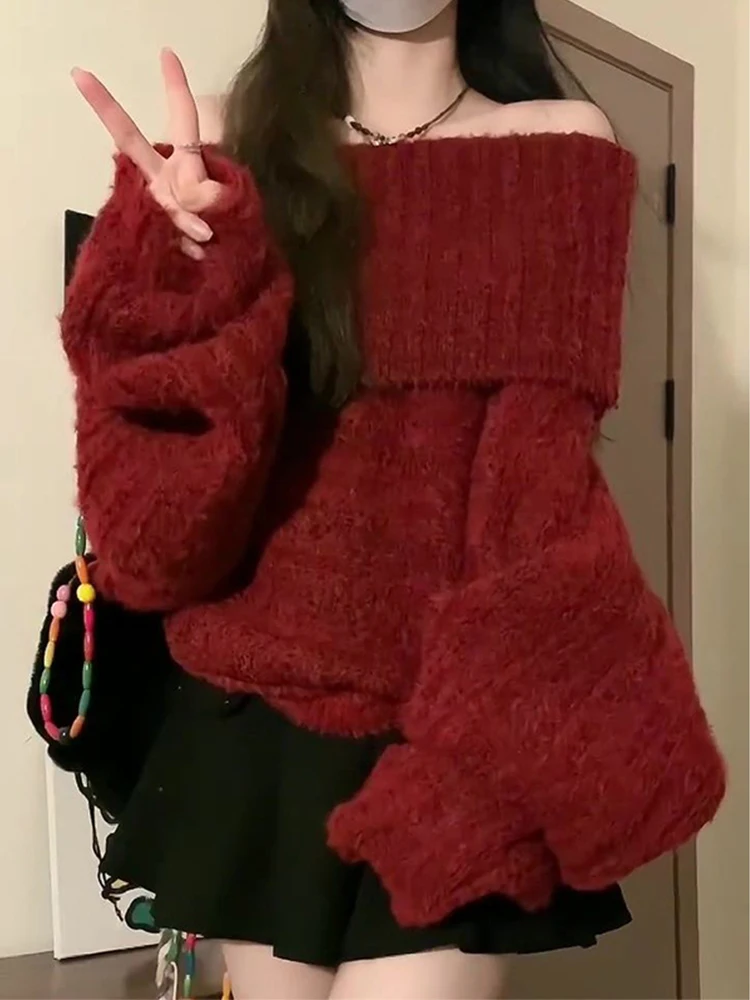 

Christmas New Year Red One-Shoulder Women's Knitted Sweater Thickened Autumn Winter New Style Lazy Soft Flax Woolen Top