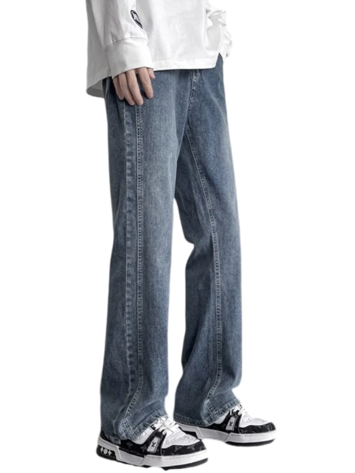 العصرية الأمريكية الرجعية متوهج الجينز الرجال الصيف فضفاض مستقيم شارع العليا ثنى واسعة الساق سراويل تقليدية ملابس الشباب القطن الدنيم