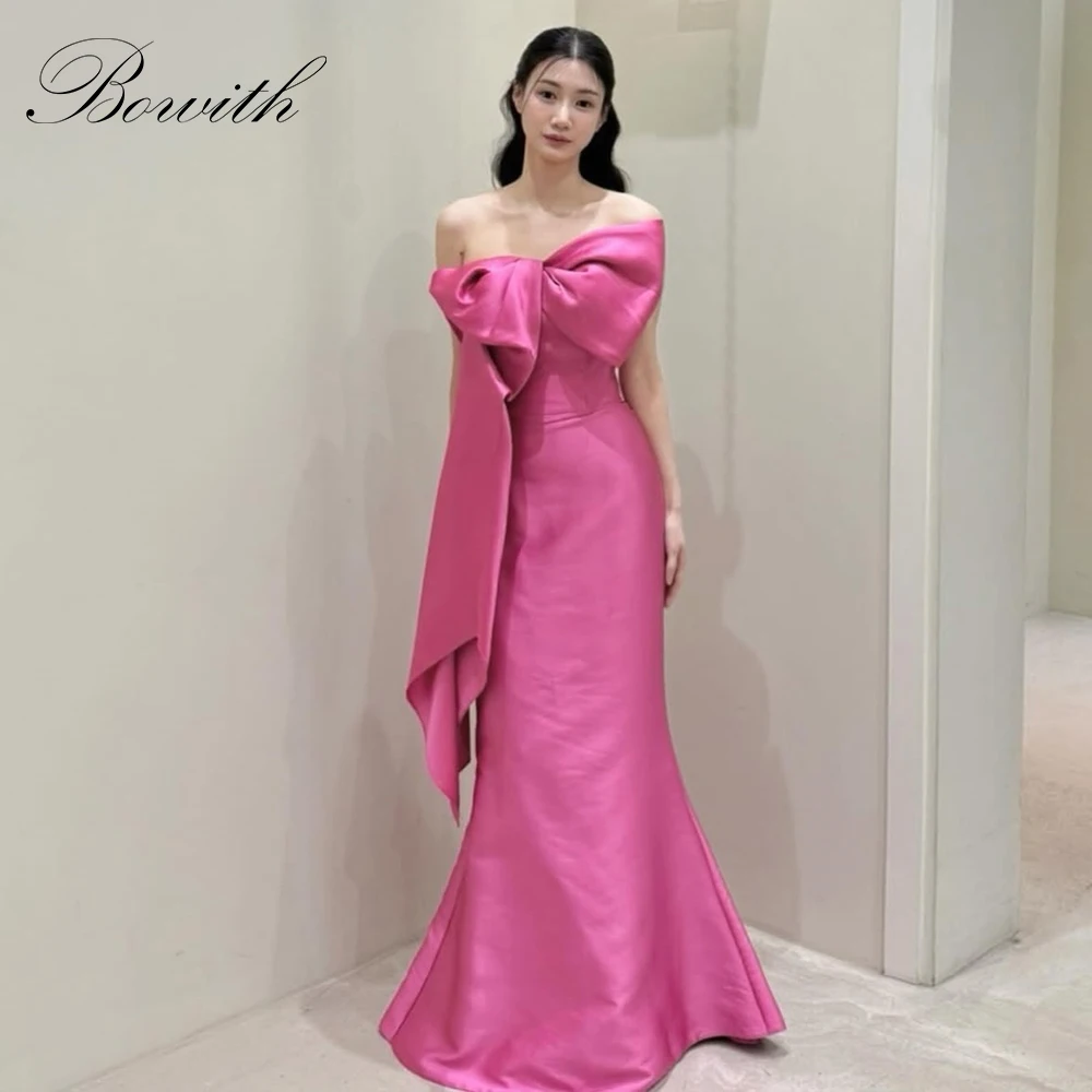 

Bowith 이브닝드레스 Korean Evening Dresses Pink Mermaid Prom Gown Strapless Big Bow Satin Bridal Wedding Reception Dresses Customized