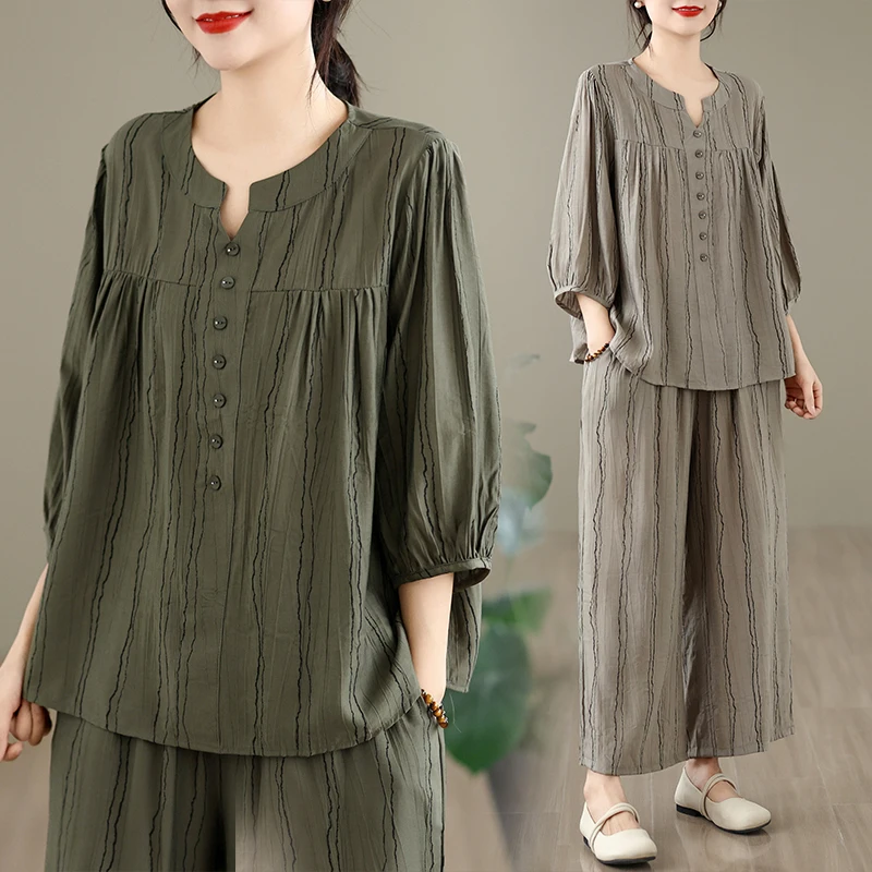 

European Style plus Size Women's Cotton Linen Set Loose Shirt Top Wide Leg Pants Two Piece Set Artistic Commute Style