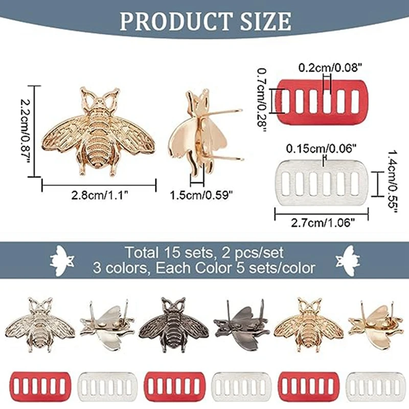 レトロな蜂の装飾クリップのバックル、装飾的なバッグクリップ、クラフトパー、取り外し可能な革の靴のバックル、15個