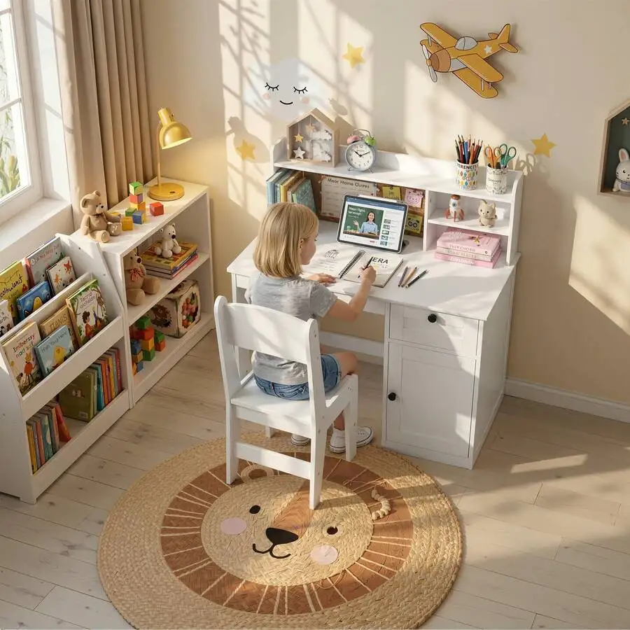 Asofer Kids Study Desk And Chair Set, Kids Study Desk With Hutch, Wooden Children Study Table With Storage Cabinet, Study Desk And Chair Set For Girls Boys,  White view 2