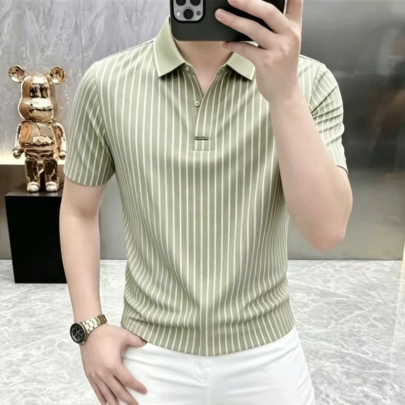 2026 Summer New Style Men's Fashion Casual Best-selling Jacquard Vertical Stripes Collar Polo Shirt Top