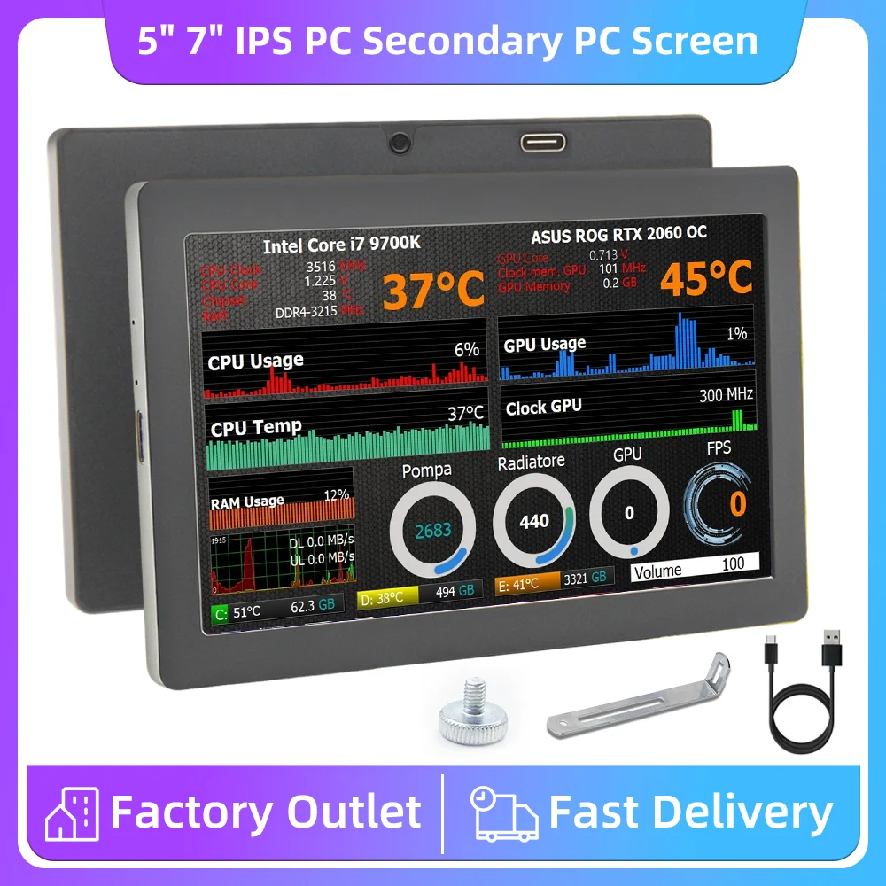 

5/7 Inch Portable Display 1024x600 IPS LCD Screen USB Monitor for Laptop PC USB Display Sub-Screen LCD NO AIDA64