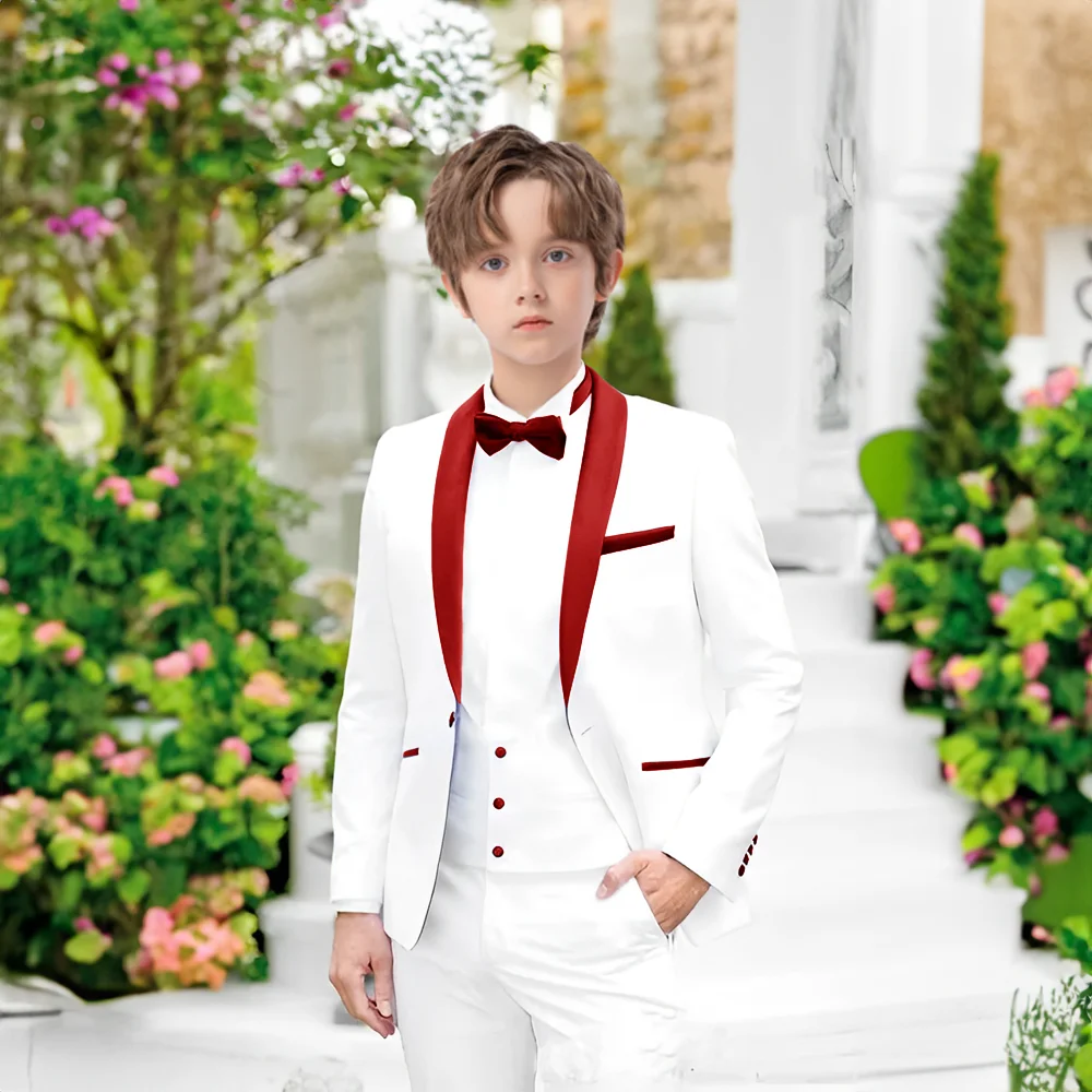 

Elegant Boy Suit White Jacket Pants Vest Three piece Suit Shawl Collar Blazer Kids Wedding Tuxedo 2-16 years old Custom Clothes