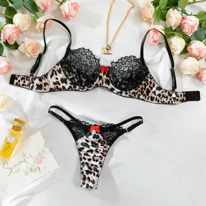 

Bikini Leopard Print Sexy Lingerie Lace Patchwork Bowknot Anti-Exposure Panty Set