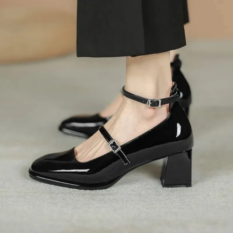 Comemore 2024 Spring Women High Heels Buckle Retro Chunky Heel Patent Leather Shoes Mary Jane Pumps Women\'s Shoe Heeled Sandals