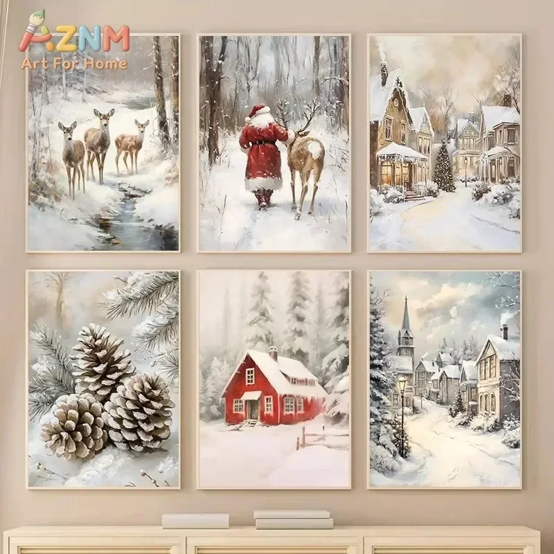 Vintage Christmas Winter Canvas Wall Art Santa Deer Snow Village Pinecone Poster Unframed Canvas Painting for Living Room Holida