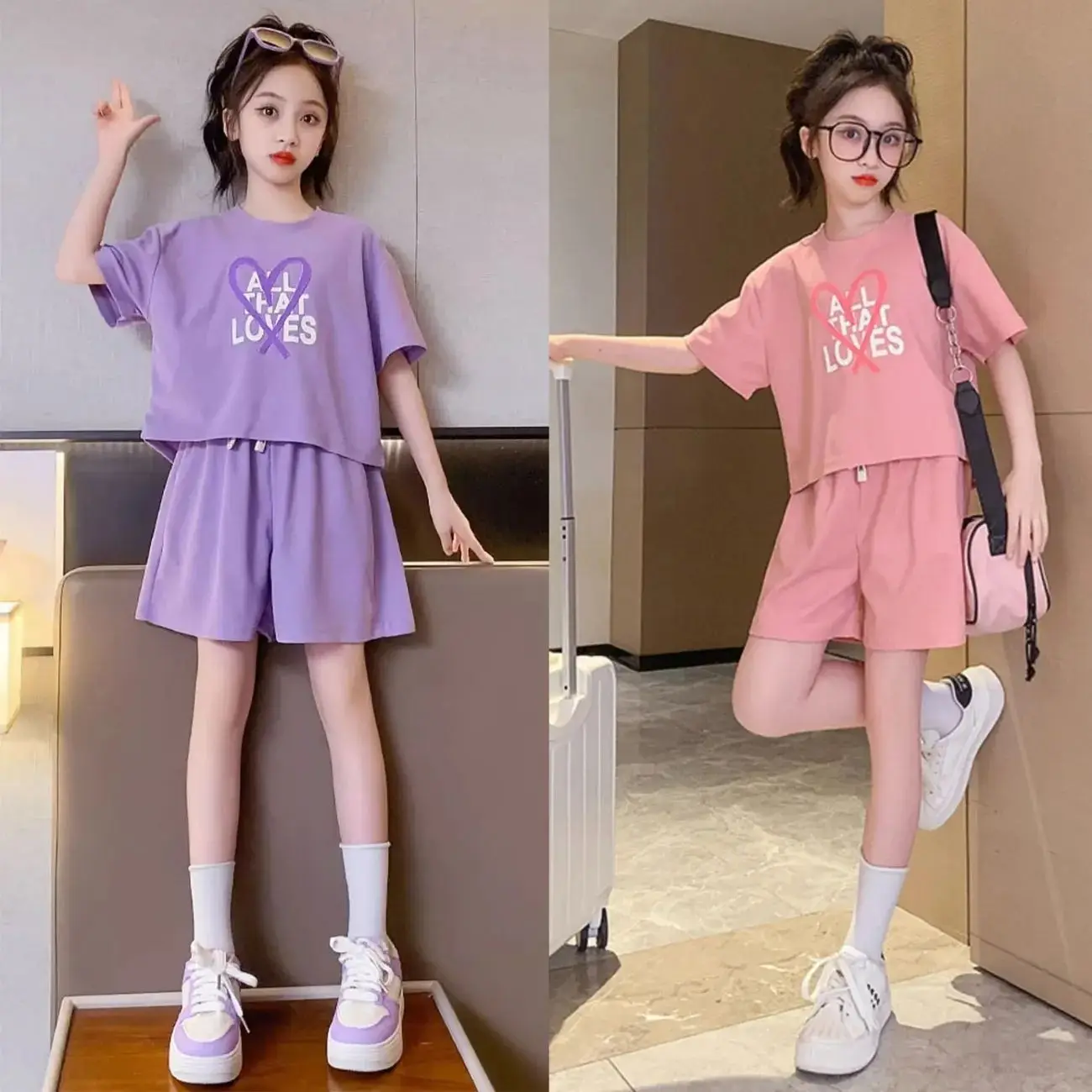 Children's Sets Girls' New 2024 Short-sleeved Top + Shorts 2-piece Set Casual and Simple Outing Loungewear Outfit