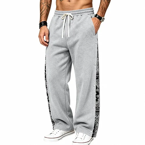Men's Grey Paisley Side Snap Button Wide Leg Sweatpants, Elastic Waist With Drawstring, Streetwear Loose Trousers