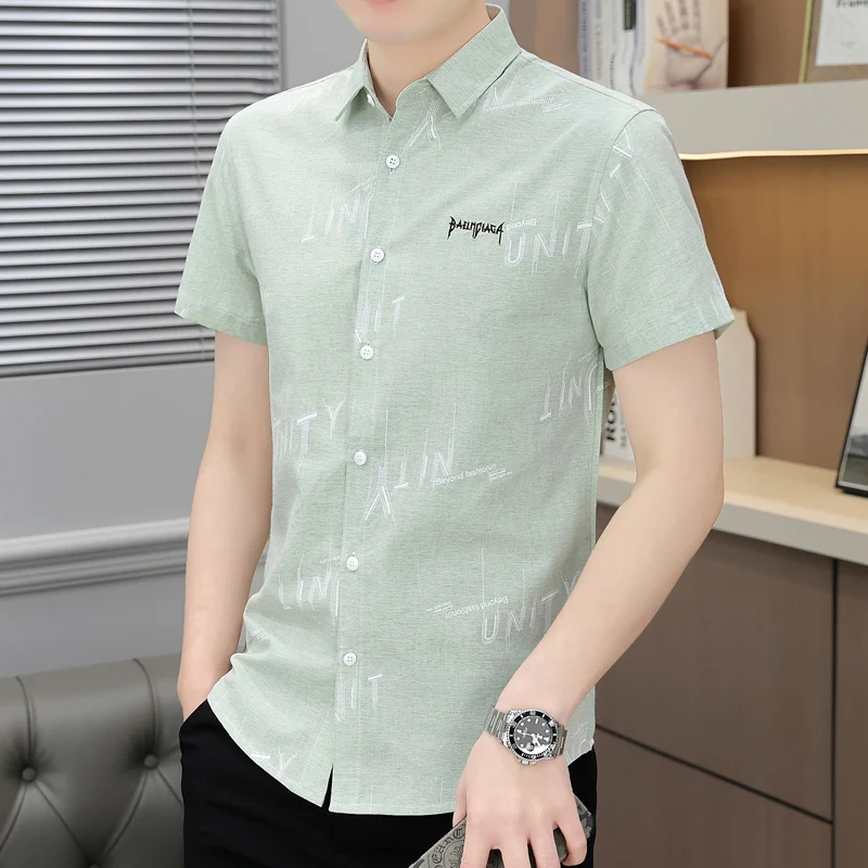 Letter Printing Short Sleeve Men\'s Clothing Turn-down Collar Contrast Color Summer Button Up Cardigan Shirt Preppy Style Tops