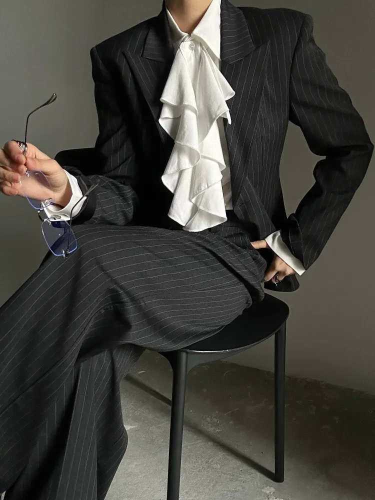 Vintage Designer Mens Slim Fit Double Berasted Striped Blazer Jacket Wide Leg Pants Two Piece Set Business Casual Work Suit Sets