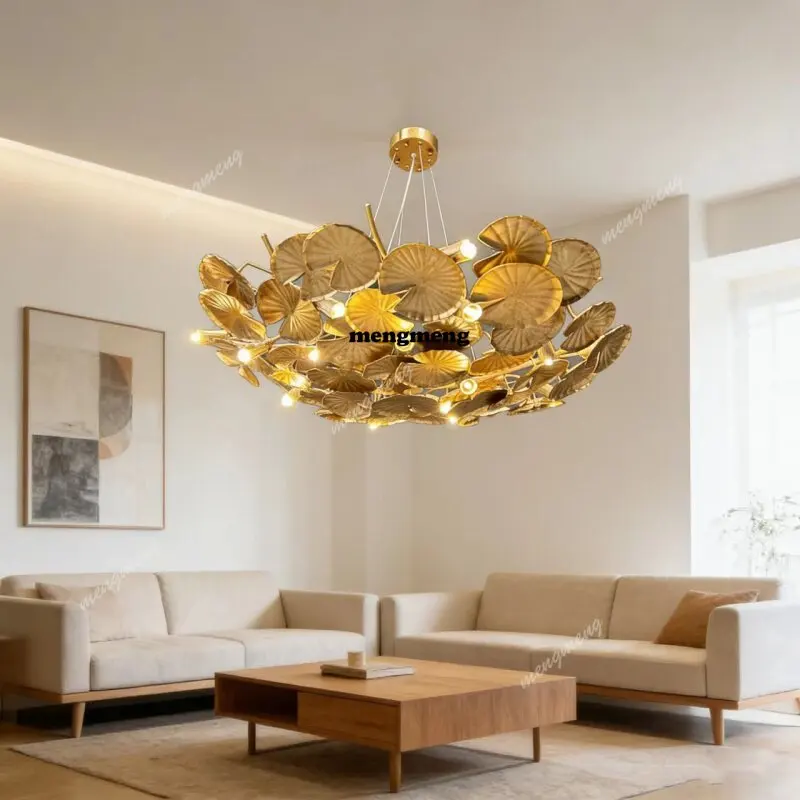 

Light luxury French all-copper creative model house designer art chandelier villa living room dining room lotus leaf shaped lamp