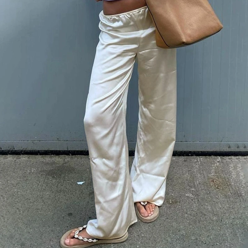 

Maemukilabe Satin Wide Leg Pants Casual Elastic High Waist Solid Color Loose Fit Pants Office Ladies Trousers Women Streetwear
