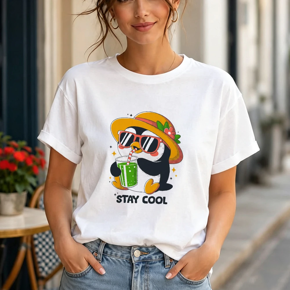 Cool Summer Penguin Drinking Juice T Shirt Women Cute Cartoon Animal Print Tee Oversized Streetwear Top Kawaii Aesthetic Outfit