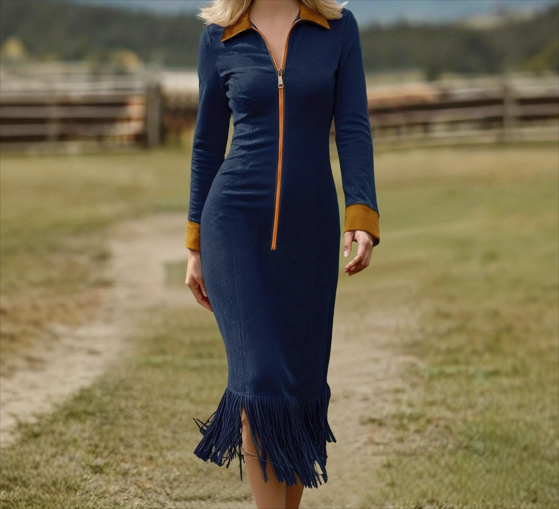 

2025 New Women's Retro Tassel Contrasting Long Sleeved Slim Fit Dress