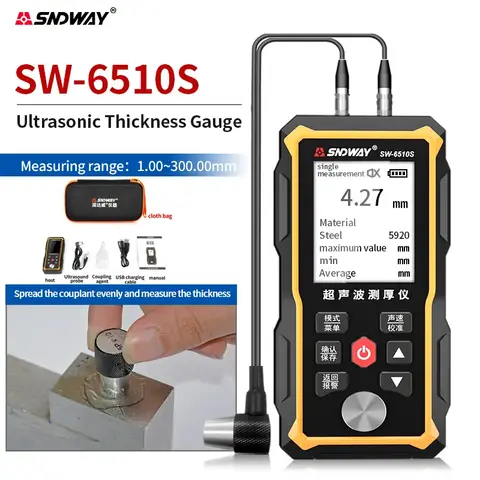 SNDWAY 초음파 두께 게이지 SW-6510S 플라스틱 유리 세라믹 금속 강판 스테인레스 스틸 파이프 벽 두께 측정기