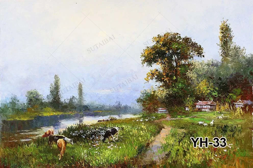 Town Green Landscape Photography Backdrop House Meadow Oil Painting Master HandPaint Personalize Picture Professional Background