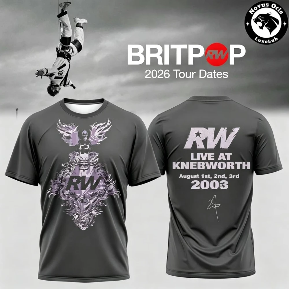 Robbie Williams Dual Sided Britpop Tour Date List Tee Shirt Portrait Graphic Loose Pop Fan Daily Casual Street Outfit
