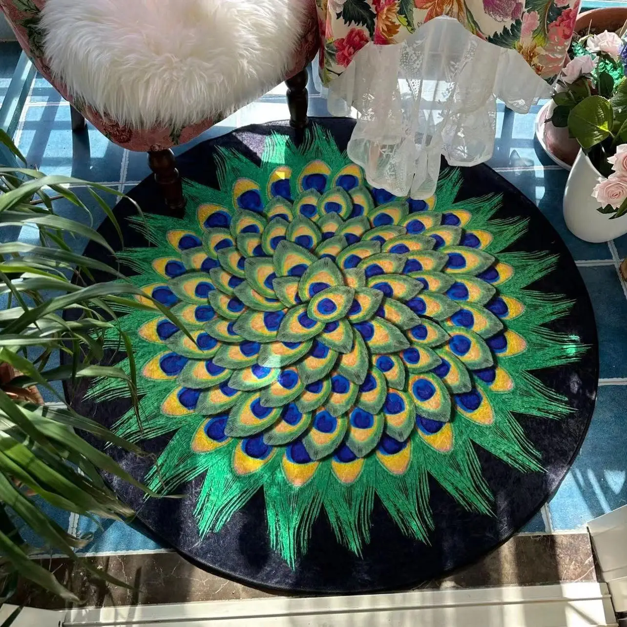 Round Carpet Washable Non-slip Decoration Home Light Rug Bedroom Chair Mat Peacock Feathers Soft Luxury Carpets for Living Room