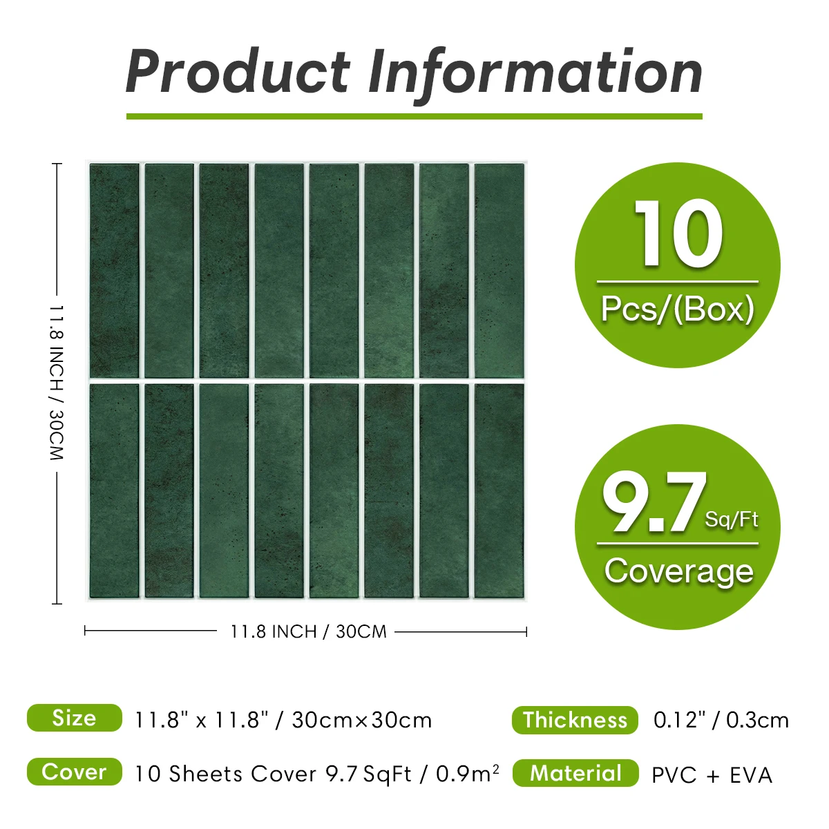 Commomy 10 peças de telhas foscas para descascar e colar, adesivos de parede 3D à prova d'água, adesivos contra respingos de azulejo verde, decoração de parede