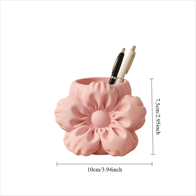 3D Ornament Pen Holder Pink Flower Novelty Desk Organizer Tabletop Vanity Girl Bedroom Decor Storage Sculpture Gift for Women