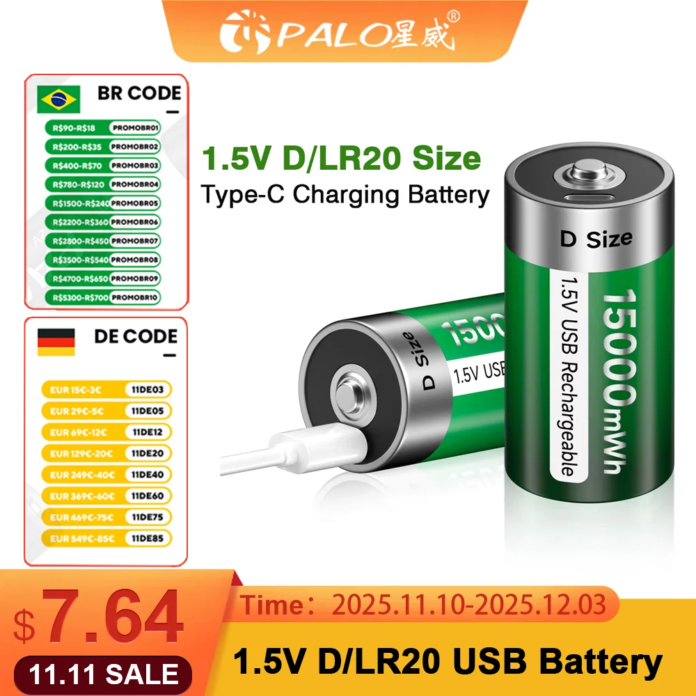 PALO 100% Original 1.5V D Size Rechargeable Battery Type-C USB Charging D R20 LR20 Li-ion Batteries Battery For Heater Gas Stove