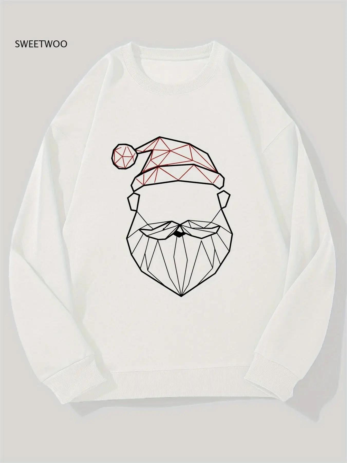 

Men's Black Minimalist White Line Rt Santa Claus Sweatshirt - Oversized Casual Loose Fit Round Neck Pullover with Iconic Red