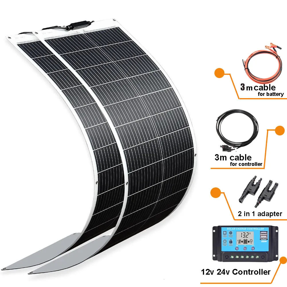 

Комплект гибких солнечных панелей 200W монокристаллический 2X100 Вт солнечный модуль +20A 12V/24V солнечный контроллер заряда + кабель автономной системы для 12v батареи солнечной системы автодома дома балкон кемпинг