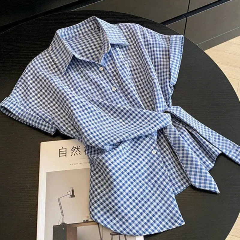 Irregular Plaid Bandage Trend Short Sleeve Shirt Tops Summer Women Clothing Polo Neck Button Youth Korean Blouse Fashion Casual
