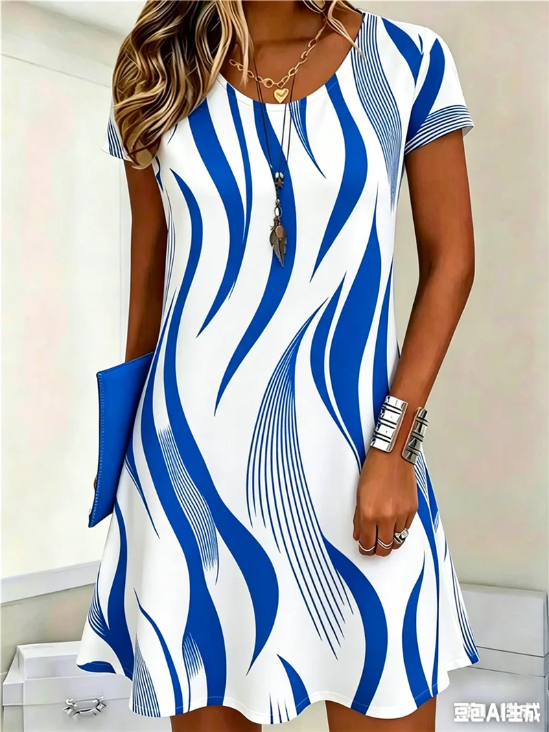 3XLPlus Size Women Clothing Striped Mini Dresses Summer Short Sleeve 3d Printed Street Ladies Dress O-Neck Loose Casual Dress