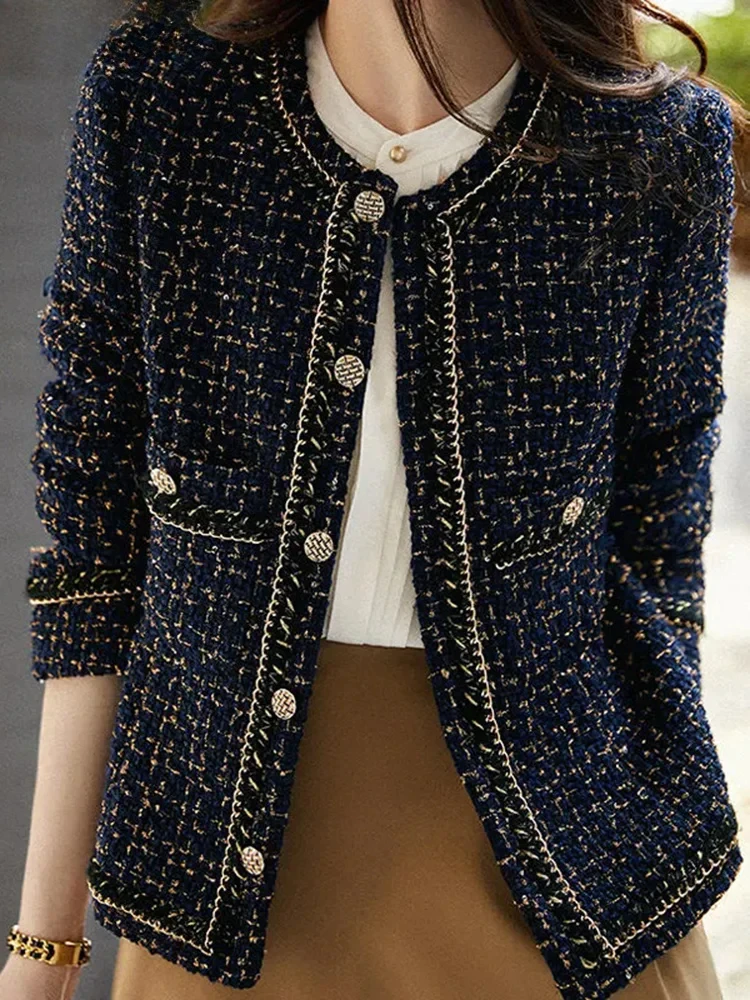 

Женские твидовые свободные короткие куртки с круглым вырезом, корейские повседневные однобортные укороченные пальто, топы, элегантные черные Abrigos Blusas с длинными рукавами