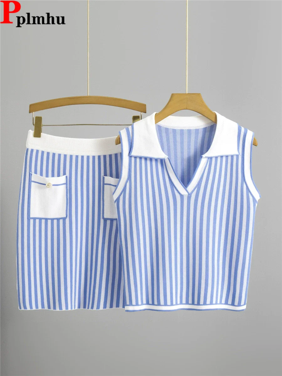 

Summer Thin Striped Knitted 2 Piece Sets Women Lapel Neck Knit Sleeveless T-shirt Tops Conjuntos High Waist Short Skirts Outfit