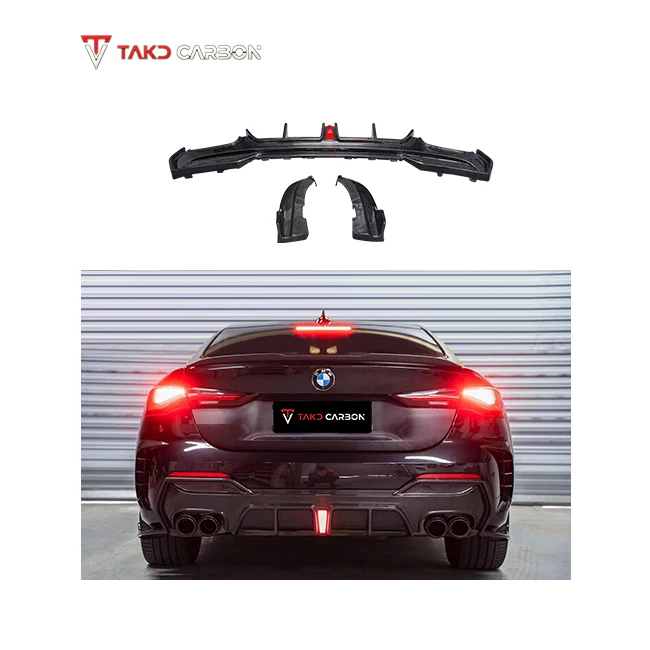 TAKD Real Car Data Development Dry Carbon Fiber Rear Bumper Lip Diffuser With The Led Light For BMW 4 Series G22 G23 2021-UP