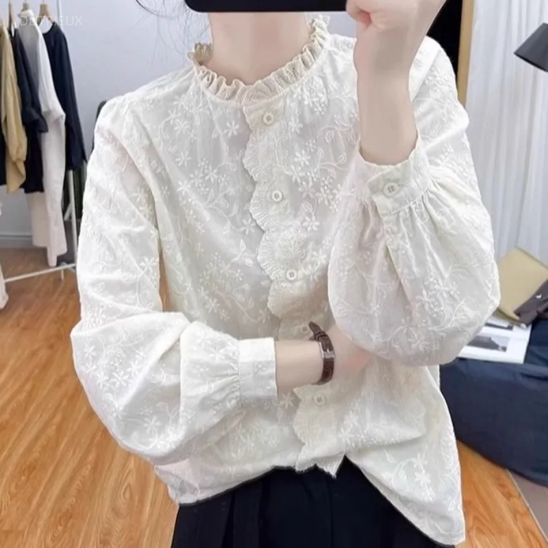 Embroidered Lace Blouses Stand Collar Ruffles Spring Autumn Women Shirts Korean Fashion Sweet Elegant Blusas Mujer