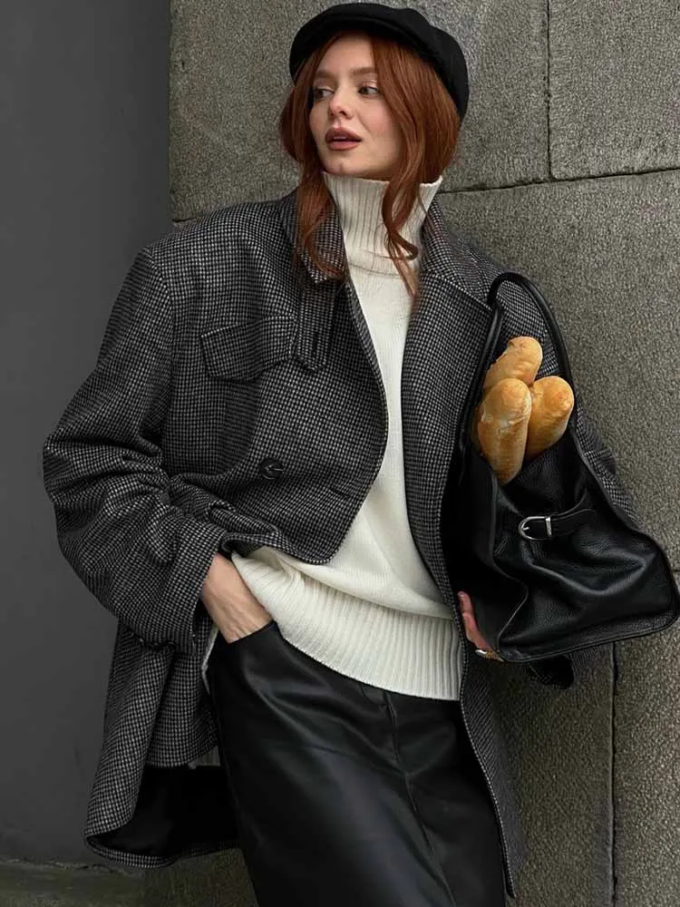 

BKQU винтажная клетчатая шерстяная куртка женская с длинным рукавом, свободная двубортная куртка с отложным воротником, осень-зима 202, плотное пальто