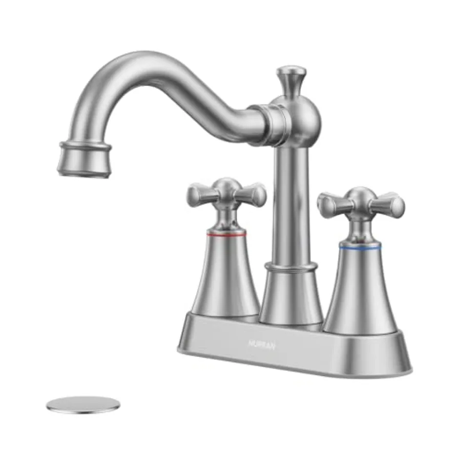 

4-inch Centerset Brushed Classical Bathroom Faucet, 2 Handles for 2 or 3 Hole Sink with 360° Swivel Spout, Pop Up Drain Assembl
