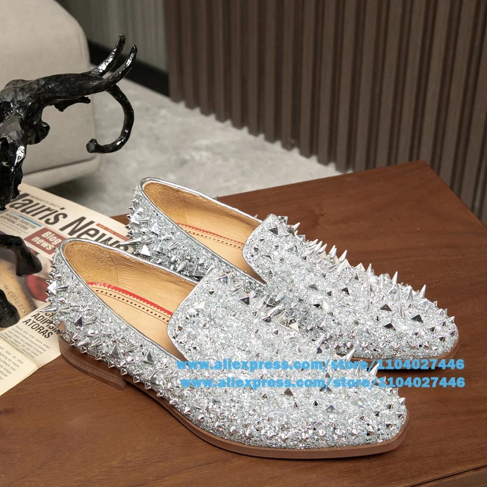 Designer Blue Studded Loafers Luxury Glitter Crystal Spikes Solid Color Flats Casual Shoes Party Trendy Handmade Men Shoes