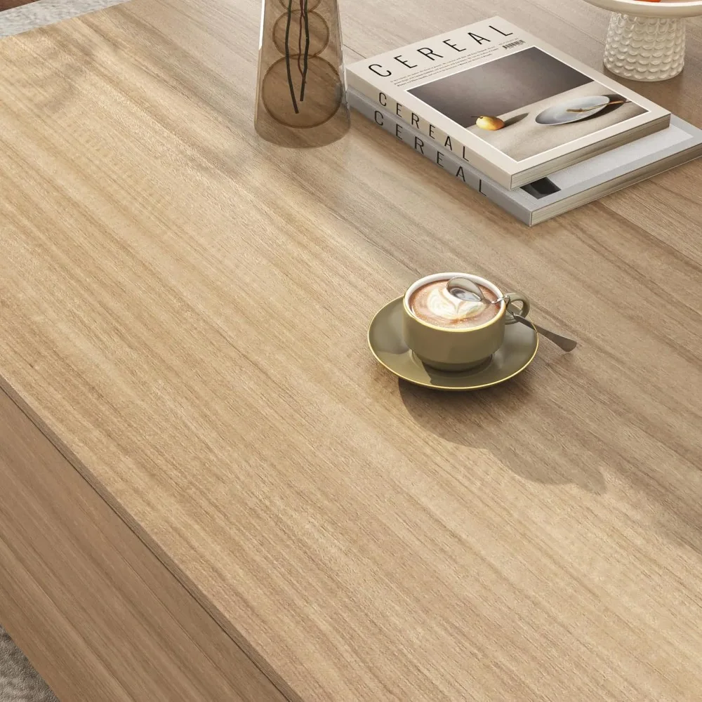 Modern Large Square Coffee Table with Storage, 2 Drawers, Light Wood for Living Room