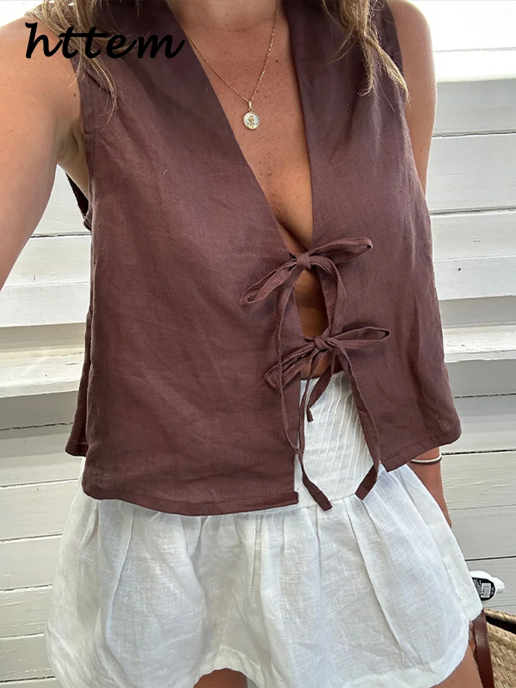 

Casual Women's Lace Up Hollow Out Vest Loose V-Neck Sleeveles Female Solid Top 2025 Summer Lady Holiday All-match Tops New